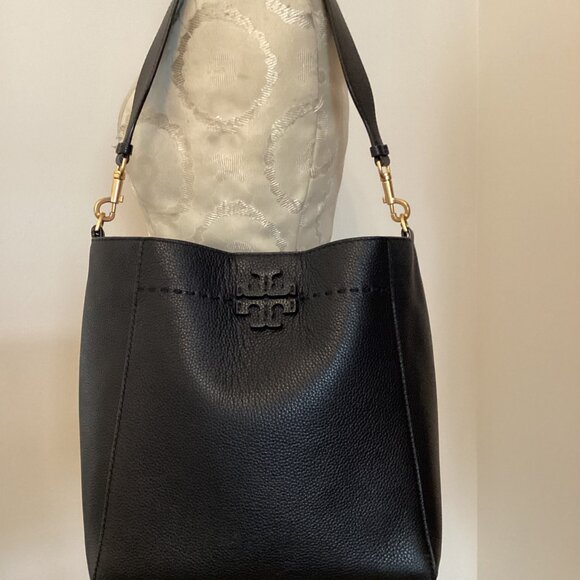 TORY BURCH McGRAW MEDIUM BUCKET BAG in BLACK PEBBLED LEATHER HOBO PURSE TOTE - Picture 6 of 16